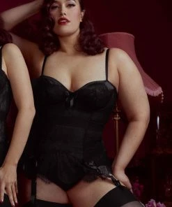 Bettie Page Lingerie Basques & Corsets Tempest Black Lace Basque With Bows