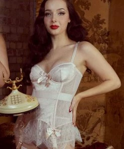 Bettie Page Lingerie Basques & Corsets Tempest Peach Lace Basque With Bows