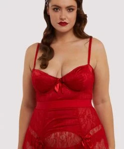 Bettie Page Lingerie Basques & Corsets Red Tempest Lace Basque With Bows