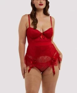 Bettie Page Lingerie Basques & Corsets Red Tempest Lace Basque With Bows