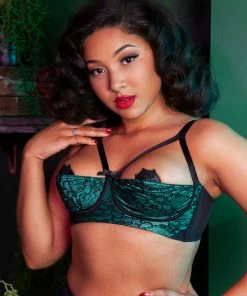 Bettie Page Lingerie Elsie Emerald Lace 1/4 Cup Bra