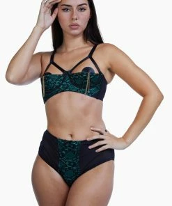 Bettie Page Lingerie Outlet Elsie Emerald Lace High Waisted Brief