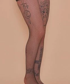 Bettie Page Lingerie Fishnet Seamed Hold-ups Black Hosiery