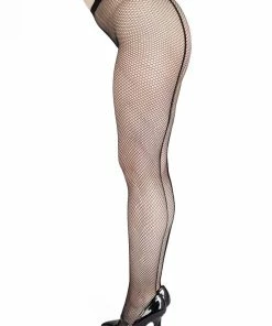 Bettie Page Lingerie Fishnet Seamed Tights - Black