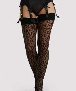Bettie Page Lingerie Hosiery Leopard Knit Stockings - Black/Black