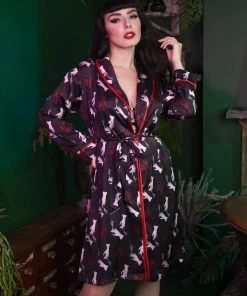 Bettie Page Lingerie Blaze Smoking Printed Robe With Red Piping