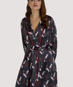 Bettie Page Lingerie Blaze Smoking Printed Robe With Red Piping