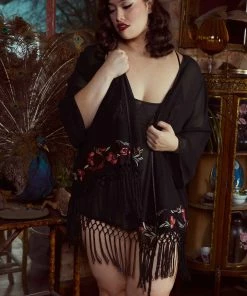 Bettie Page Lingerie Embroidered Tassel Kimono Nightwear