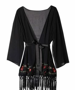 Bettie Page Lingerie Embroidered Tassel Kimono Nightwear