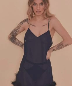 Bettie Page Lingerie Feather Babydoll Navy