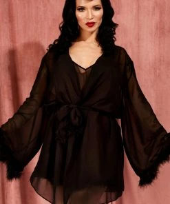Bettie Page Lingerie Black Feather Robe