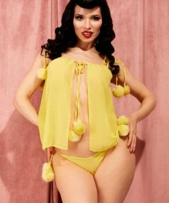 Bettie Page Lingerie Nightwear Chartreuse Dolores Pom Pom Chemise
