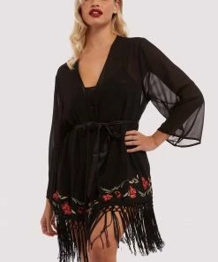 Bettie Page Lingerie Embroidered Tassel Kimono Nightwear