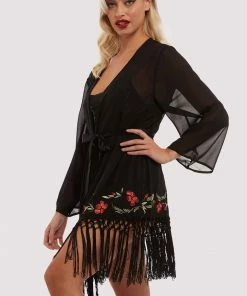 Bettie Page Lingerie Embroidered Tassel Kimono Nightwear