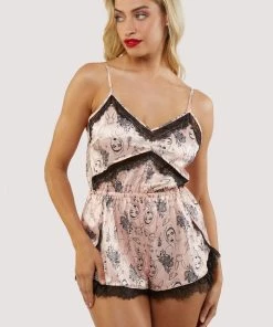 Bettie Page Lingerie Tattoo Print Lace Playsuit Nightwear