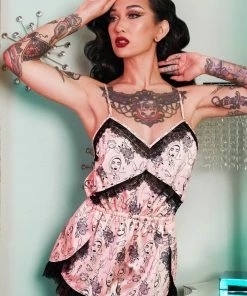 Bettie Page Lingerie Tattoo Print Lace Playsuit Nightwear