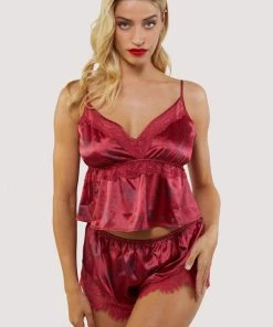 Bettie Page Lingerie Tattoo Print Red Lace Cami & Short Set Nightwear