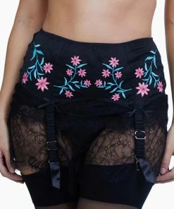 Bettie Page Lingerie Doris Black Embroidered Retro Suspender Belt