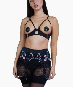 Bettie Page Lingerie Doris Black Embroidered Retro Suspender Belt