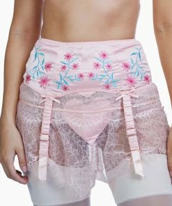 Bettie Page Lingerie Retro Bras Doris Peach Embroidered Retro Suspender Belt