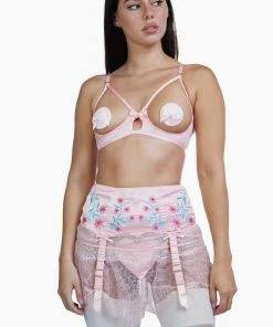 Bettie Page Lingerie Retro Bras Doris Peach Embroidered Retro Suspender Belt