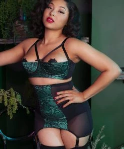 Bettie Page Lingerie Elsie Emerald Green Lace Girdle Outlet