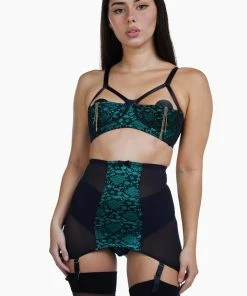 Bettie Page Lingerie Elsie Emerald Green Lace Girdle Outlet