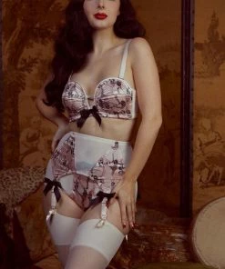 Bettie Page Lingerie Showgirl 4 Straps Stitch Pink Suspender Belt Suspenders