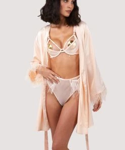 Felicity Hayward X PP Nightwear Cassiopeia Blush Pink Satin And Feather Kimono