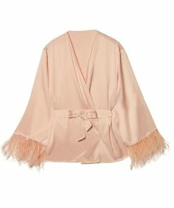Felicity Hayward X PP Nightwear Cassiopeia Blush Pink Satin And Feather Kimono