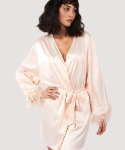 Felicity Hayward X PP Nightwear Cassiopeia Blush Pink Satin And Feather Kimono