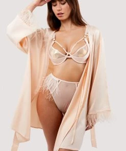 Felicity Hayward X PP Nightwear Cassiopeia Blush Pink Satin And Feather Kimono