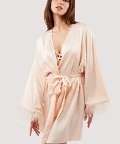 Felicity Hayward X PP Nightwear Cassiopeia Blush Pink Satin And Feather Kimono