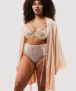 Felicity Hayward X PP Nightwear Cassiopeia Blush Pink Satin And Feather Kimono