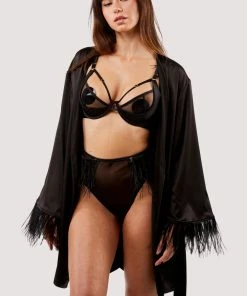 Felicity Hayward X PP Nightwear Sirus Black Satin And Feather Kimono