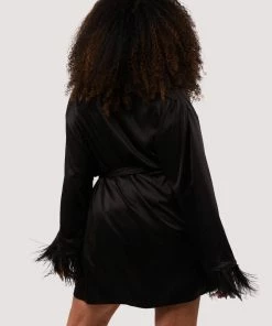 Felicity Hayward X PP Nightwear Sirus Black Satin And Feather Kimono