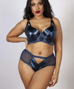 Playful Promises Curve Exclusive Kayla Metallic Leatherette Bra Midnight Blue B - H Outlet