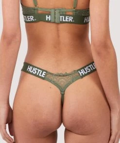 Hustler Branded Olive Lace Thong Knickers