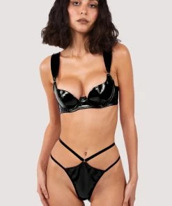 Hustler Maxine Black PVC Strap And Ring Detail Thong