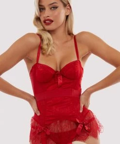 Bettie Page Lingerie Basques & Corsets Red Tempest Lace Basque With Bows