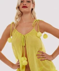 Bettie Page Lingerie Nightwear Chartreuse Dolores Pom Pom Chemise