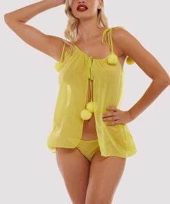 Bettie Page Lingerie Nightwear Chartreuse Dolores Pom Pom Chemise