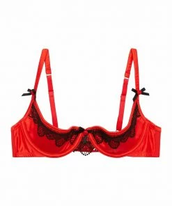 Playful Promises Arlene 1/4 Cup Red Satin Black Lace Bra A - D Outlet