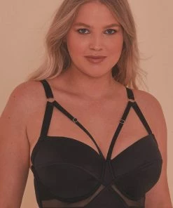 Playful Promises Aurora Black Mesh & Satin Crossover Longline Bra Core Outlet