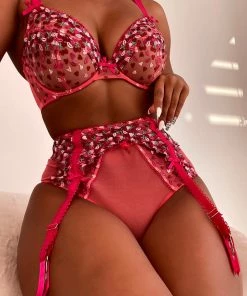 Playful Promises Cherry Embroidery Coral Plunge Bra Bras 30 Playful Promises Cherry Embroidery Coral Plunge Bra Bras