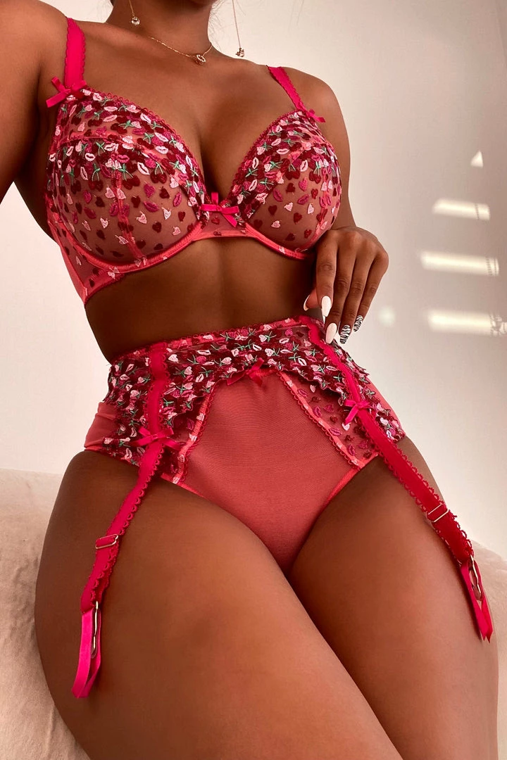 Playful Promises Cherry Embroidery Coral Plunge Bra Bras 16 Playful Promises Cherry Embroidery Coral Plunge Bra Bras