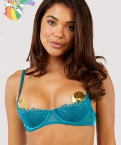 Playful Promises Bras Marsha Teal Embroidery And Rings Quarter Cup Bra