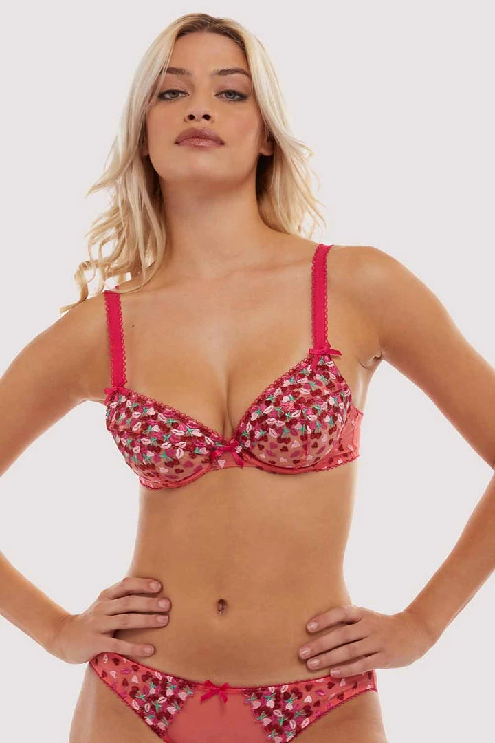Playful Promises Cherry Embroidery Coral Plunge Bra Bras 5 Playful Promises Cherry Embroidery Coral Plunge Bra Bras