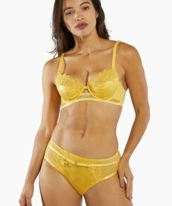 Playful Promises Outlet Vivienne Mustard Net Satin And Lace High Waist Brief
