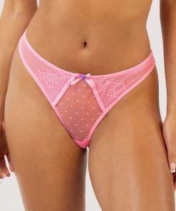 Playful Promises Ziggy Pink Lace And Spotted Mesh Thong Knickers